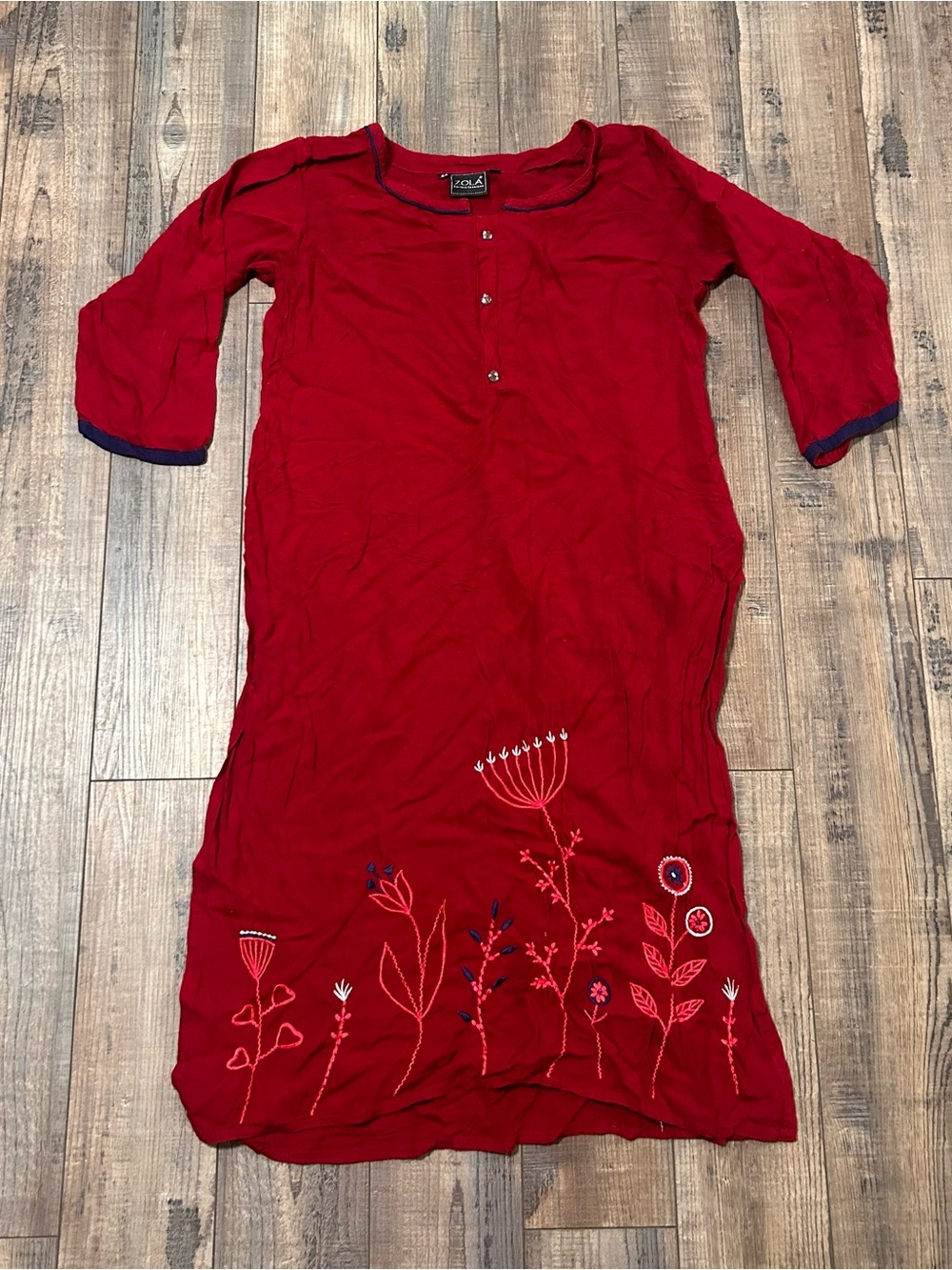 Zola Earthy Boho Embroidered Tunic‎ Dress Womens XL Red Long Sleeve Kurta Top